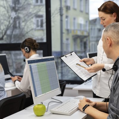 colegas-trabalhando-juntos-em-um-escritorio-de-call-center colegas-trabalhando-juntos-em-um-escritorio-de-call-center